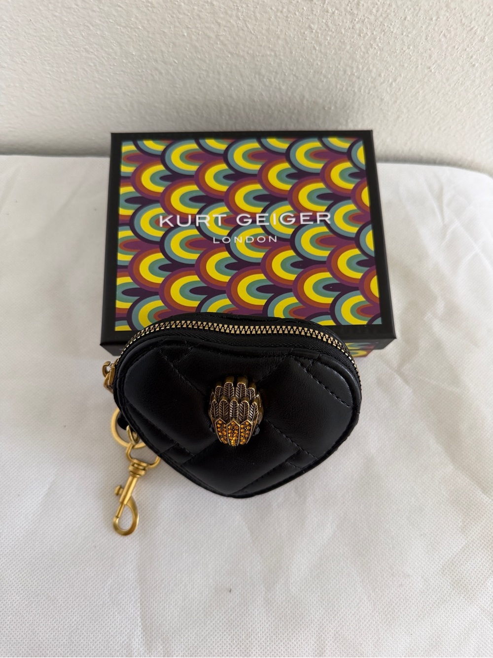 Kurt Geiger Black Quilted Heart Coin Pouch with Gold Claw Detail